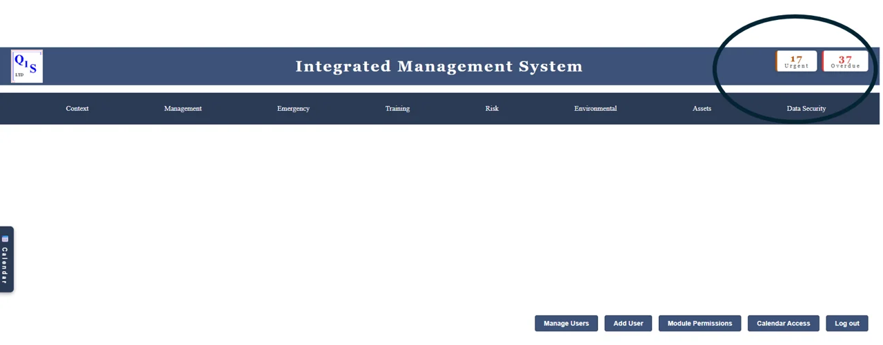 The IMS main dashboard header, showing live Urgent and Overdue counts